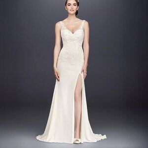 NWT Lace Appliqued Stretch Crepe Sheath Wedding Dress